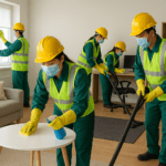 Petugas general cleaning Asia mengenakan helm, masker, rompi K3, dan sarung tangan, membersihkan rumah dan kantor dengan alat profesional.
