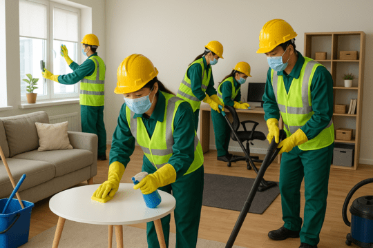 Petugas general cleaning Asia mengenakan helm, masker, rompi K3, dan sarung tangan, membersihkan rumah dan kantor dengan alat profesional.