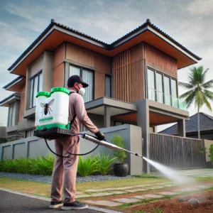 Seorang pekerja pengendalian hama sedang menyemprotkan solusi anti-rayap di sekitar rumah modern di Cirebon, tanpa mengenakan alat pelindung diri (APD), dengan latar belakang lingkungan tropis yang bersih dan profesional.