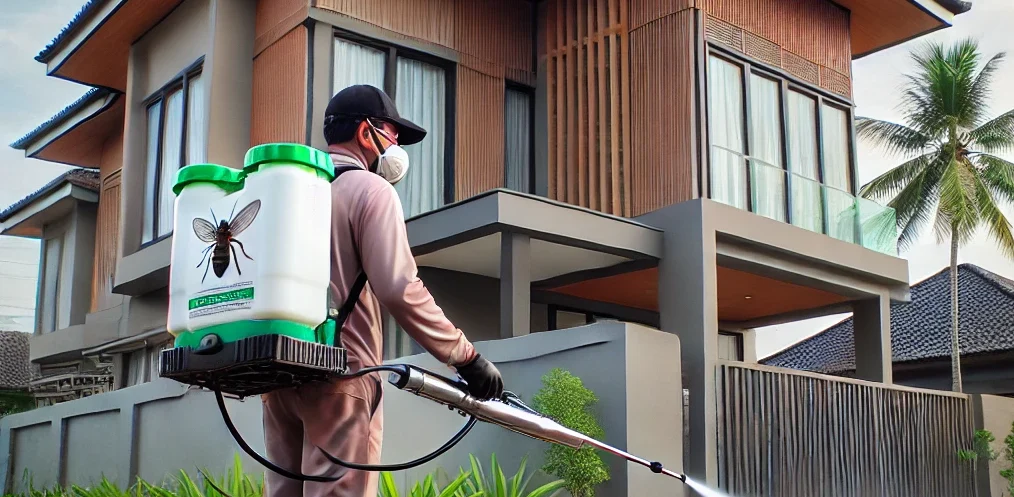 Seorang pekerja pengendalian hama sedang menyemprotkan solusi anti-rayap di sekitar rumah modern di Cirebon, tanpa mengenakan alat pelindung diri (APD), dengan latar belakang lingkungan tropis yang bersih dan profesional.